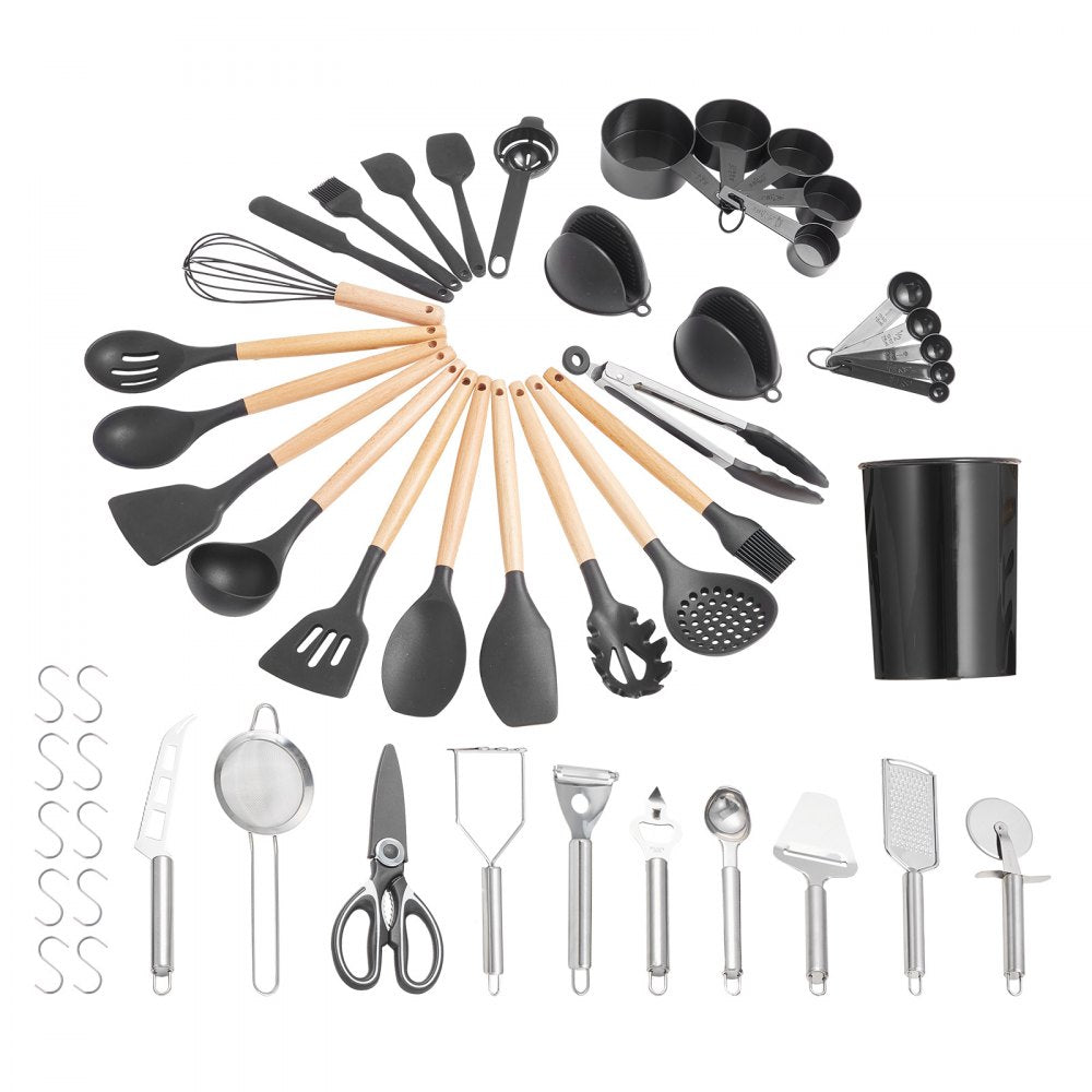 VEVOR Kitchen Cooking Utensils Set, 50 PCS Silicone Spatula Set with Holder, 428°F Heat Resistant Gadget Spoons Tools, Wooden Handle Home Essentials Accessories, Silicone Gadgets Cookware, Black