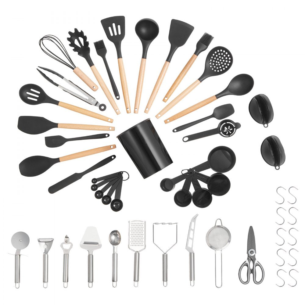 VEVOR Kitchen Cooking Utensils Set, 50 PCS Silicone Spatula Set with Holder, 428°F Heat Resistant Gadget Spoons Tools, Wooden Handle Home Essentials Accessories, Silicone Gadgets Cookware, Black