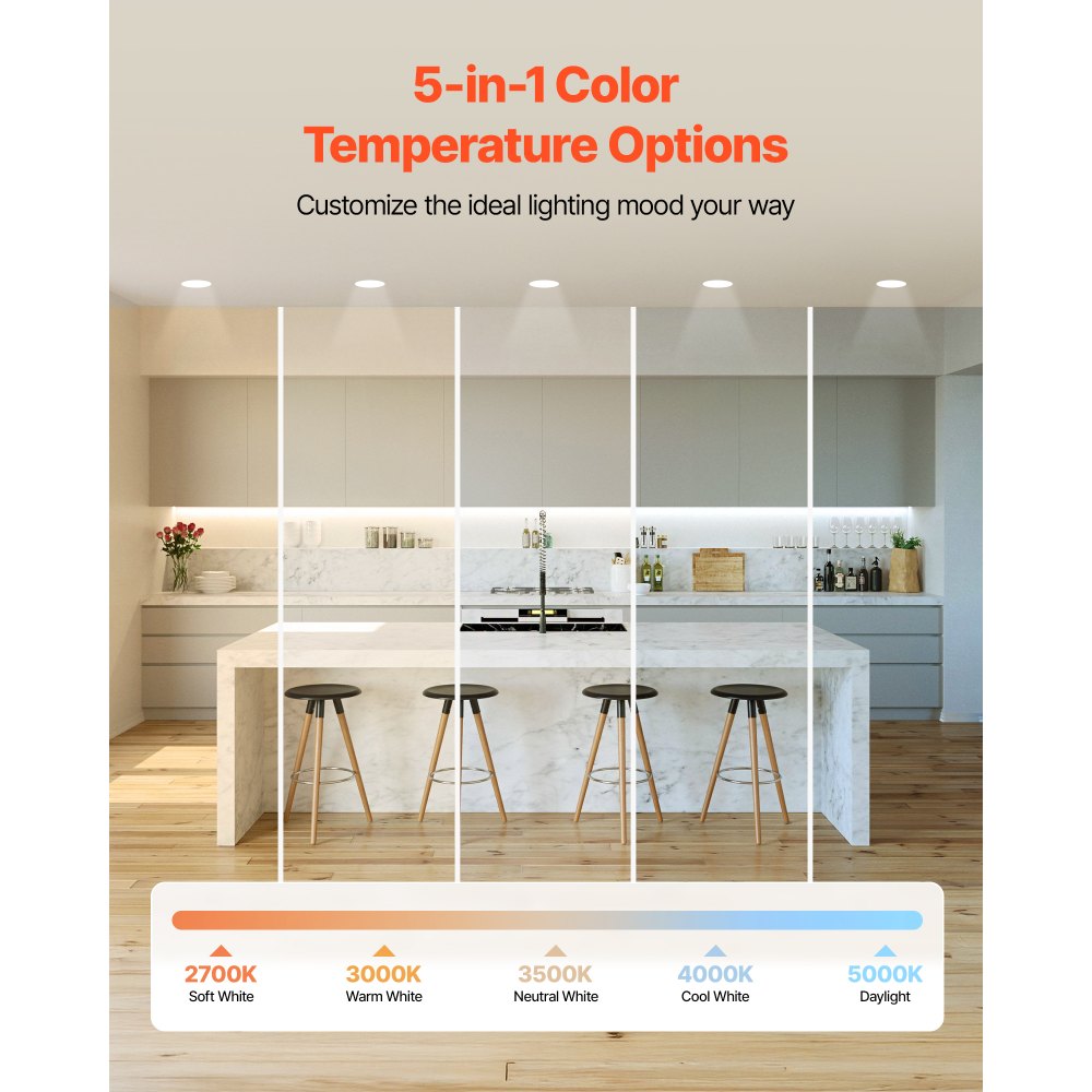 VEVOR 12 Pack 4 Inch LED Recessed Ceiling Light, 5CCT, Ultra-Thin Canless Wafer Downlight with Junction Box, 2700K/3000K/3500K/4000K/5000K Selectable, 800 LM High Brightness 9W 120V, for Home Lighting
