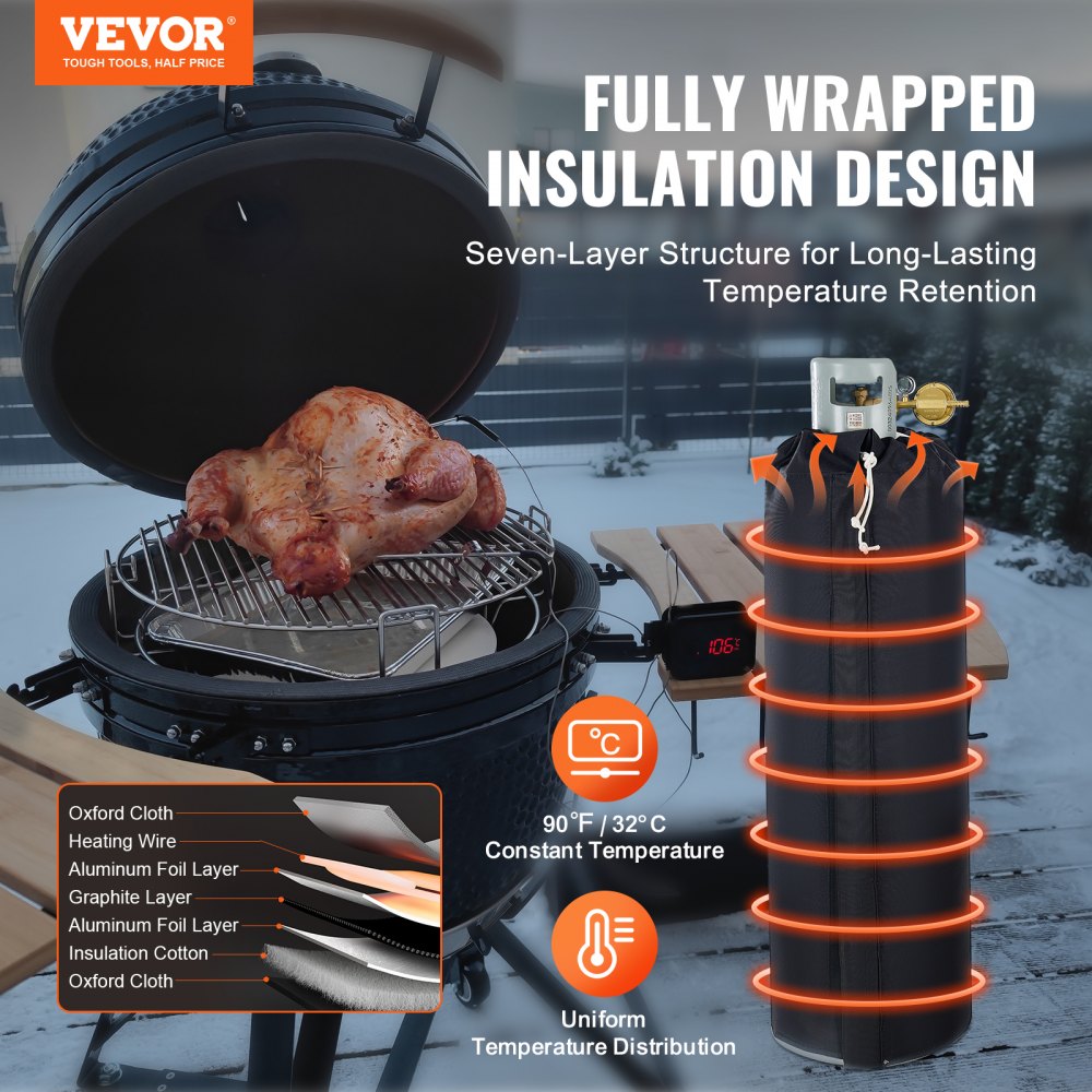 VEVOR Insulated Band Style Gas Cylinder Warmer, Fits 100 lbs Gas Tanks 280W Propane Heater, Fixed Internal Thermostat Max Temp 90 ℉, Durable Waterproof Oxford Fabric, FCC Listed