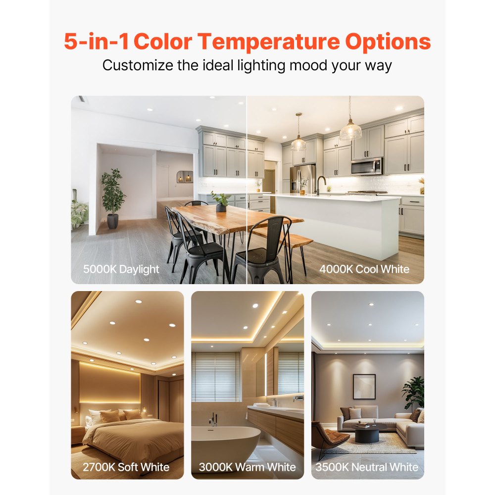 VEVOR 12 Pack LED Recessed Lighting, 5/6 Inch, Retrofit Can Lights, 1050 LM 13W 120V, Selectable 5CCT 2700K/3000K/3500K/4000K/5000K, 10% to 100% Dimmable, Compatible with E26 Base and TP24 Connector