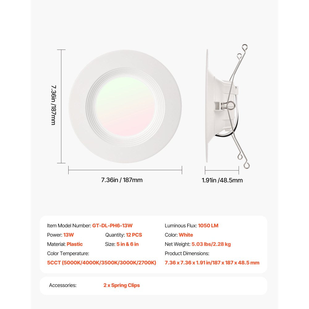 VEVOR 12 Pack LED Recessed Lighting, 5/6 Inch, Retrofit Can Lights, 1050 LM 13W 120V, Selectable 5CCT 2700K/3000K/3500K/4000K/5000K, 10% to 100% Dimmable, Compatible with E26 Base and TP24 Connector