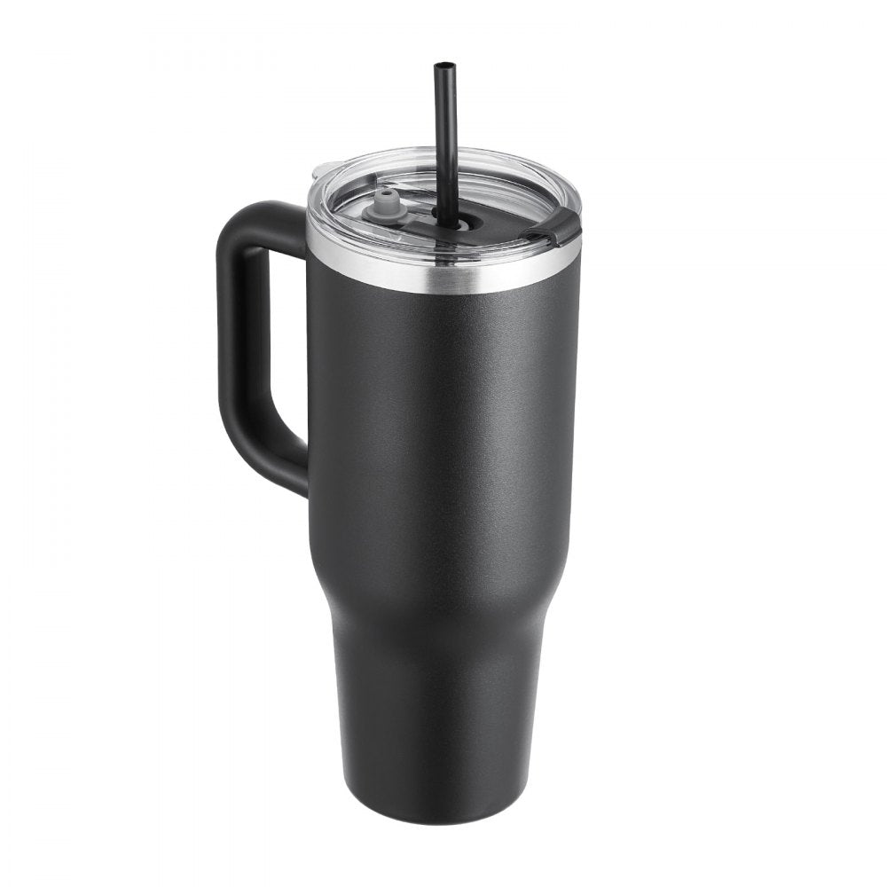 VEVOR 40 oz Insulated Water Bottle, Stainless Steel Sports Coffee Cup with Lid, Handheld Travel Coffee Mug Double Walled, Camping Hydration Flask Leakproof, for Indoor/Outdoor School, Work, Black