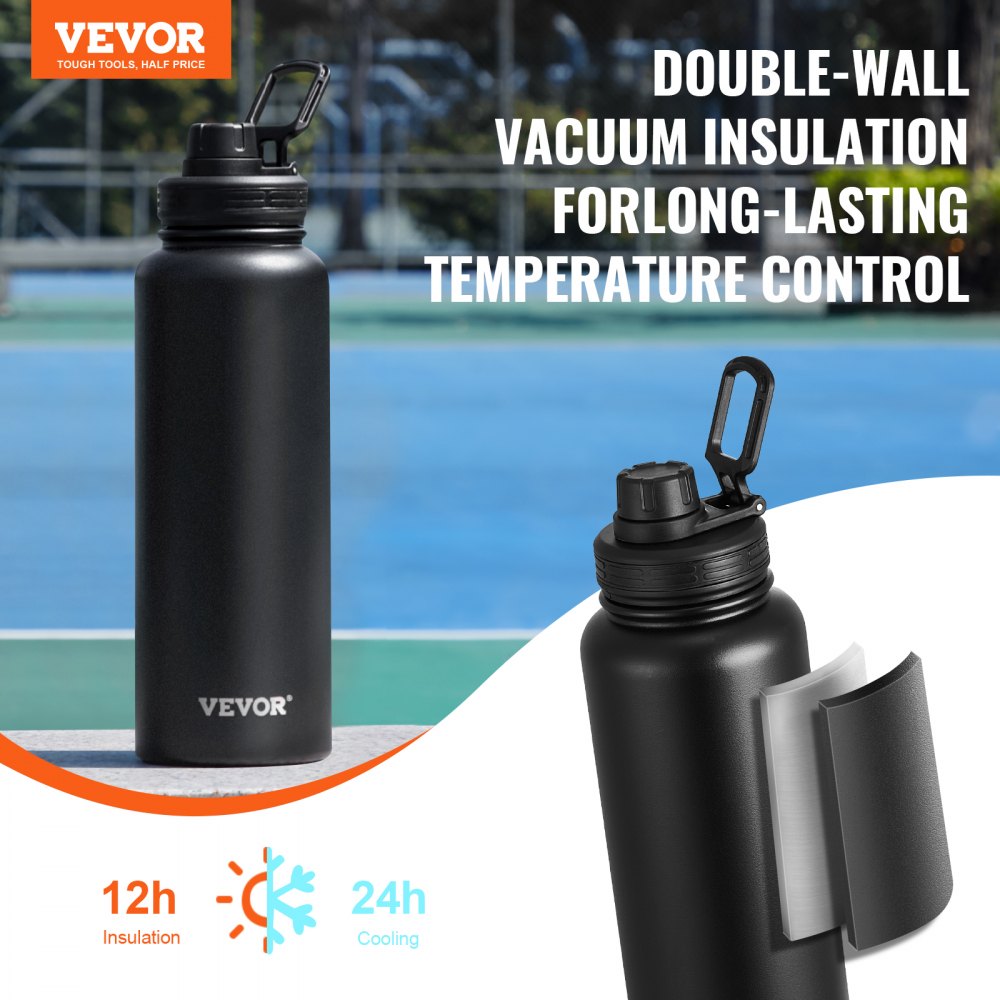 VEVOR 40 oz Insulated Water Bottle, Stainless Steel Camping & Hiking Hydration Flask with Wide Mouth Lid, Sports Coffee Cup Double Walled, Leakproof, for Indoor/Outdoor Use, FDA Listed,Black
