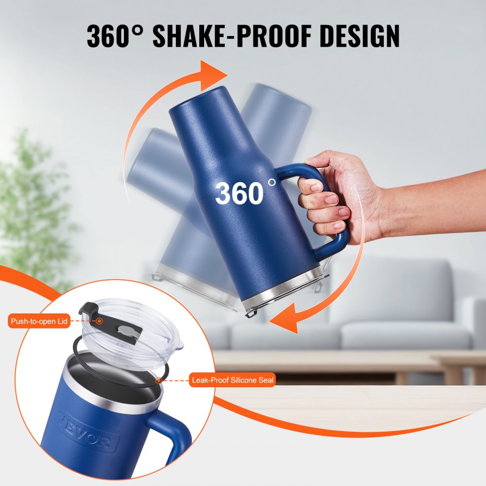 VEVOR 40 oz Insulated Water Bottle, Stainless Steel Sports Coffee Cup with Lid, Handheld Travel Coffee Mug Double Walled, Camping Hydration Flask Leakproof, for Indoor/Outdoor School, Work, Blue