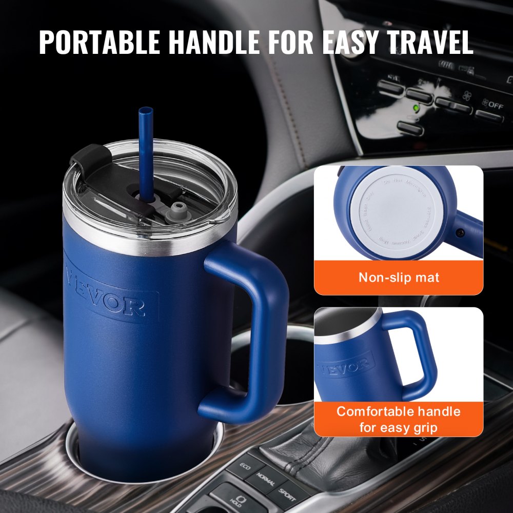VEVOR 40 oz Insulated Water Bottle, Stainless Steel Sports Coffee Cup with Lid, Handheld Travel Coffee Mug Double Walled, Camping Hydration Flask Leakproof, for Indoor/Outdoor School, Work, Blue