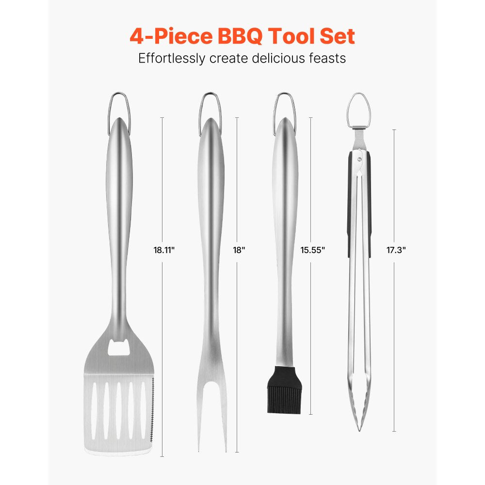 VEVOR Grilling Accessories, 4PCS BBQ Grill Tool Set, Heavy Duty Stainless Steel Barbecue Tools, Kitchen Utensils with Tong, Spatula, Fork, Brush, for Outdoor Grills, Gift for Father Men Husband