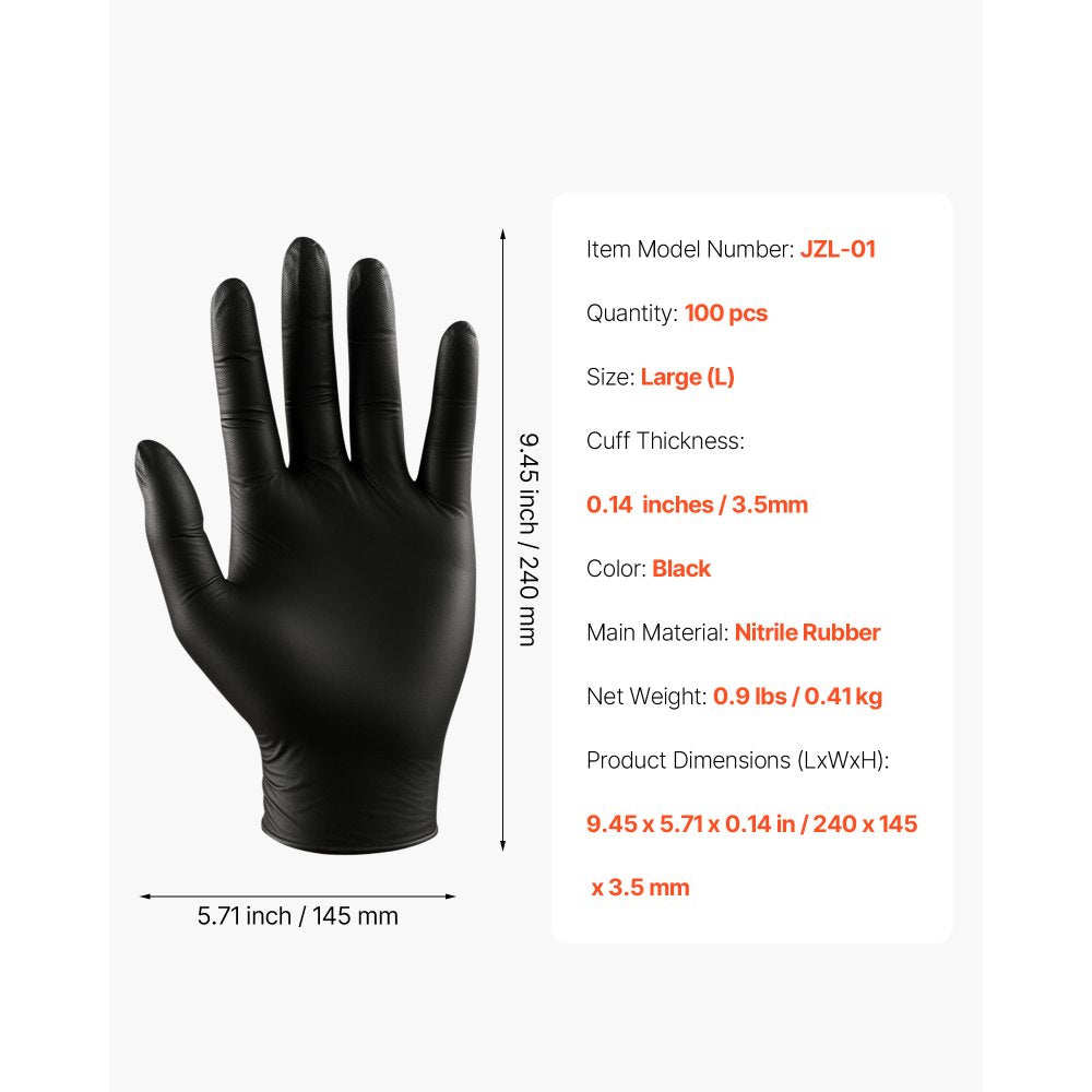 VEVOR Disposable Gloves, 4.5 Mil Black Nitrile Gloves with Textured Fingertips, Latex & Powder-Free, Food-Grade, Puncture Resistance, Ideal for Medical Exams, Cooking and Cleaning, 100 Count, Large