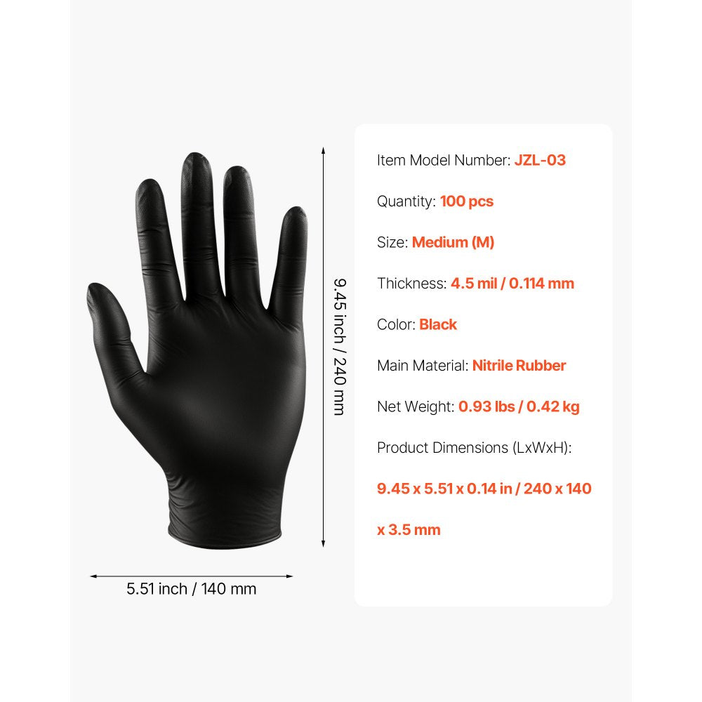 VEVOR Disposable Gloves, 4.5 Mil Black Nitrile Gloves with Textured Fingertips, Latex & Powder-Free, Food-Grade, Puncture Resistance, Ideal for Medical Exams, Cooking and Cleaning, 100 Count, Medium