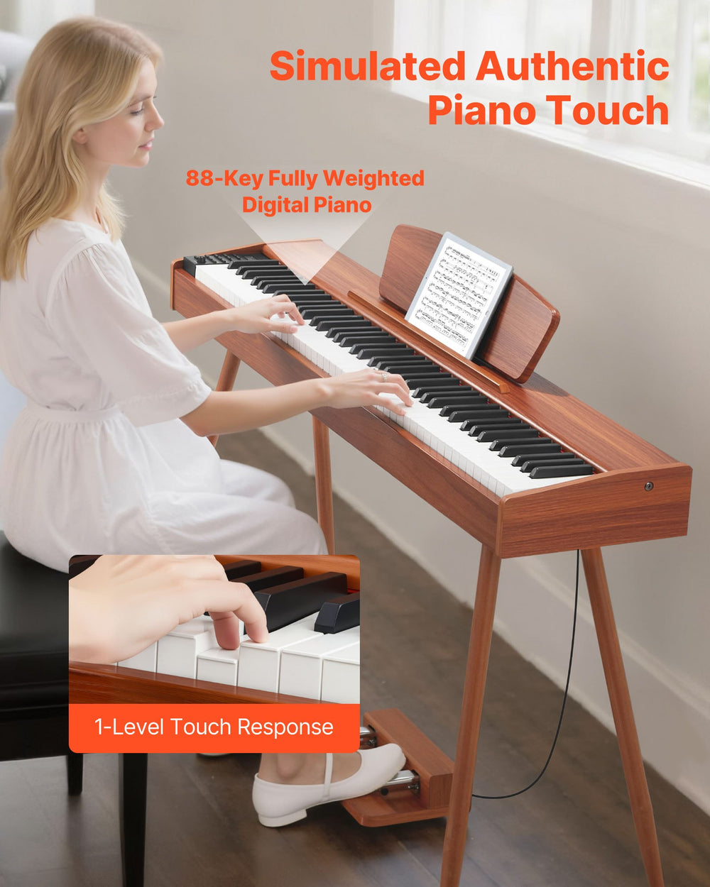 VEVOR S195 weighted digital piano lifestyle image - simulated authentic piano touch