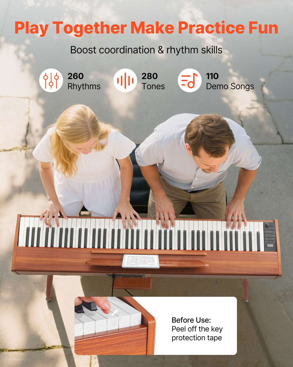 VEVOR S195 weighted digital piano feature graphic - play together make practice fun