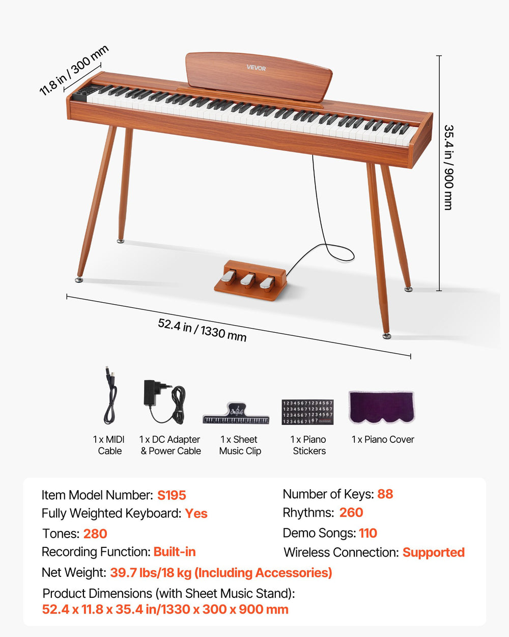 VEVOR S195 weighted digital piano dimensions and in-the-box accessories