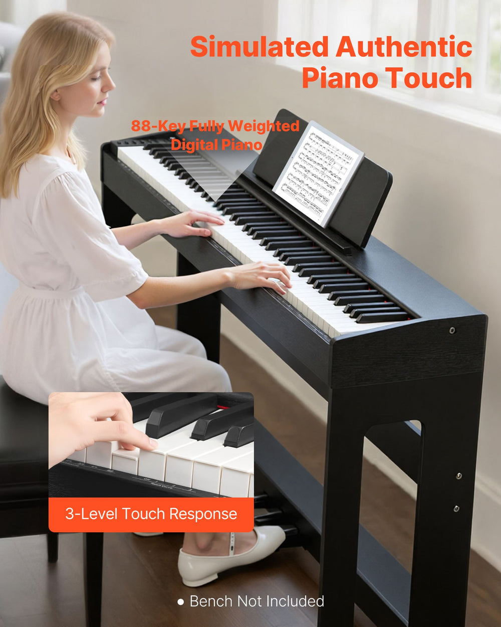 VEVOR Weighted Digital Piano - simulated authentic piano touch, 88-key fully weighted, 3-level touch response