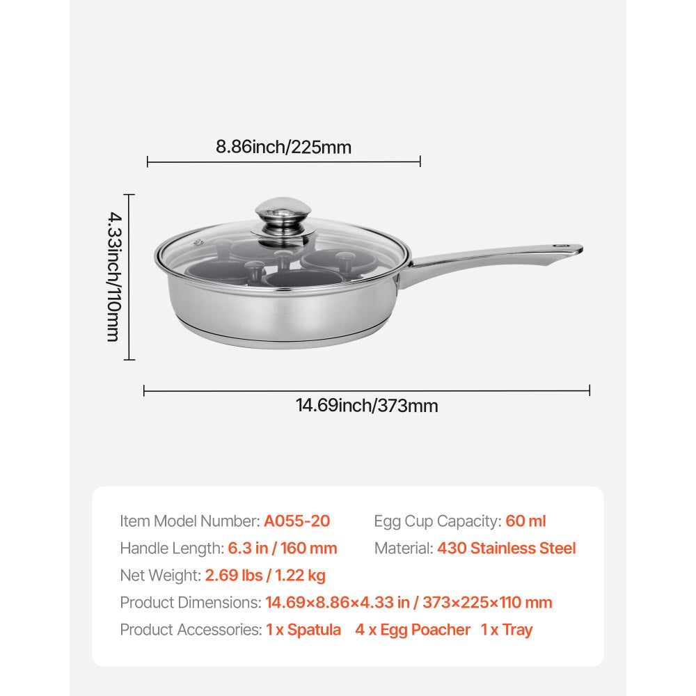 VEVOR Egg Poacher Pan, 4-Cup Poached Egg Maker, Stainless Steel Poaching Pan and Frying Skillet, with 4 Nonsitck Detachable Large Cups, Lid, and Silicone Spatula, Compatible with Induction Stovetop