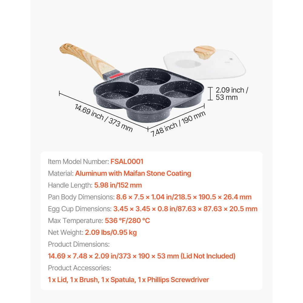 VEVOR Egg Pan, 4-Cup Nonstick Egg Frying Pan, Aluminum Breakfast Omelette Skillet for Pancakes, Hamburgers, Sandwiches, with Lid, Oil Brush, Scraper, Compatible with Gas Stove & Induction Cookware