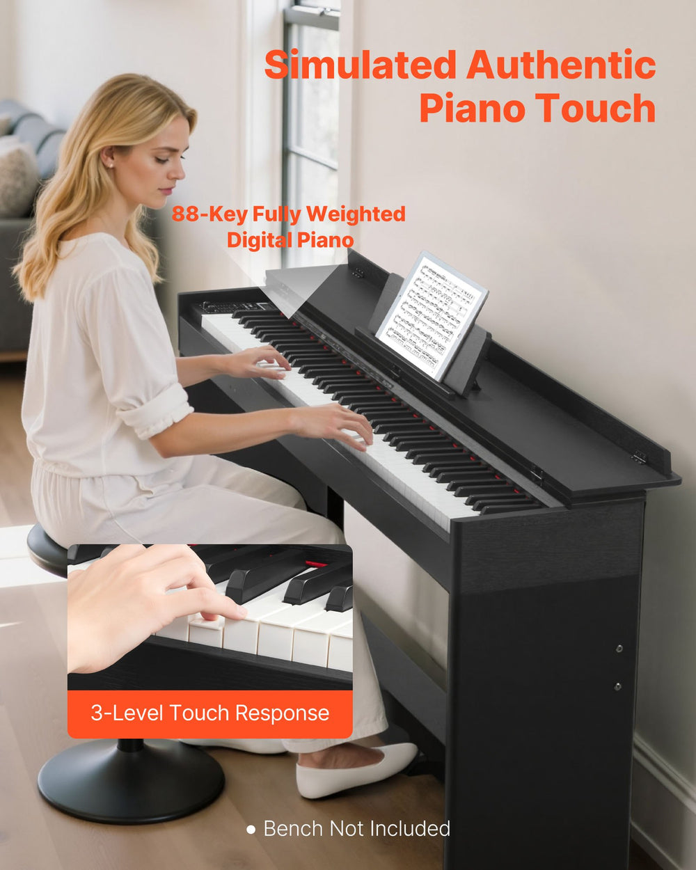 Simulated authentic piano touch - 88-key fully weighted digital piano with 3-level touch response (bench not included)