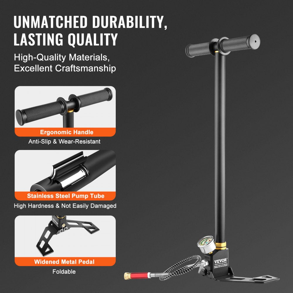 VEVOR PCP Hand Pump, 3 Stage, 30Mpa 4500 PSI High Pressure PCP Air Rifile Filling Stirrup Pump with Oil-Moisture Filter Pressure Gauge, Stainless Steel for Airguns Scuba Tank Paintball Filling Tire