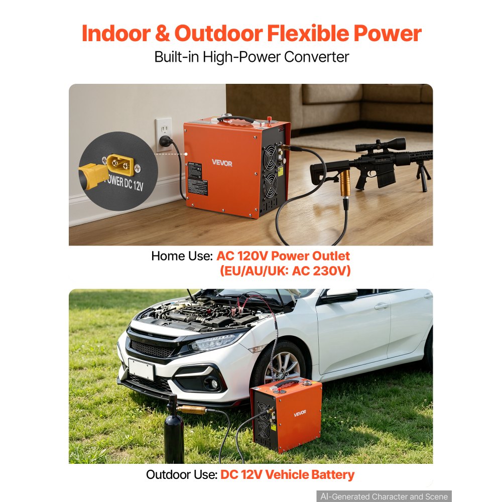 VEVOR PCP Air Compressor, 5800PSI/40 MPa PCP Airgun Compressor Auto Stop with Built-in Converter, Water & Fan Cooling, 350W DC12V/AC120V Portable Paintball Tank Compressor for Air Rifle, Scuba Bottles