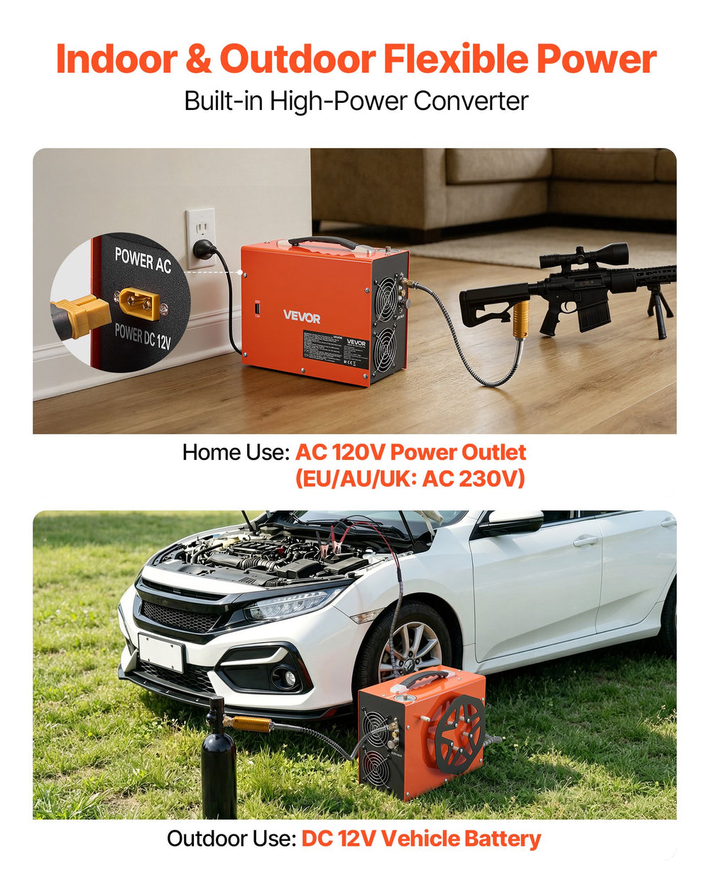 VEVOR PCP Air Compressor 4500PSI PCP Airgun Compressor & Built-in Converter, Auto Stop 350W DC12V/AC120V Portable Paintball Tank Compressors for Air Rifle, Scuba Diving Bottle