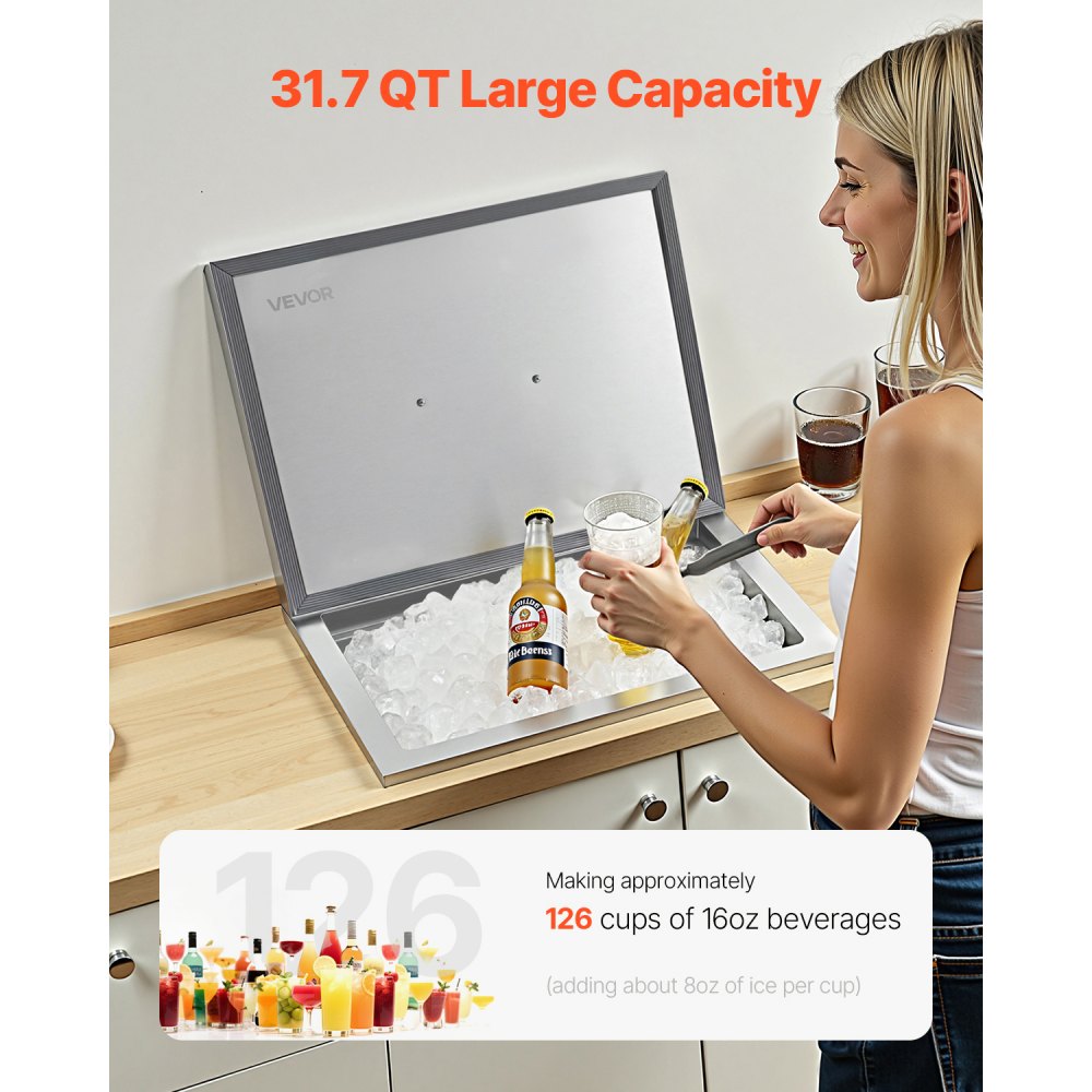 VEVOR Drop in Ice Chest, 20"L x 14"W x 12"H Stainless Steel Drop in Cooler, 31.7 Quart Commercial Ice Bin with Pot Lid for Outdoor Kitchen Patio Bar, Drain-pipe Set Included, for Cold Wine Beer