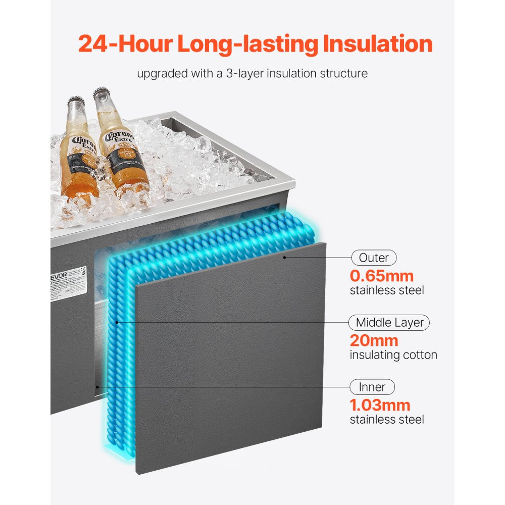 VEVOR Drop in Ice Chest, 20"L x 14"W x 12"H Stainless Steel Drop in Cooler, 31.7 Quart Commercial Ice Bin with Pot Lid for Outdoor Kitchen Patio Bar, Drain-pipe Set Included, for Cold Wine Beer