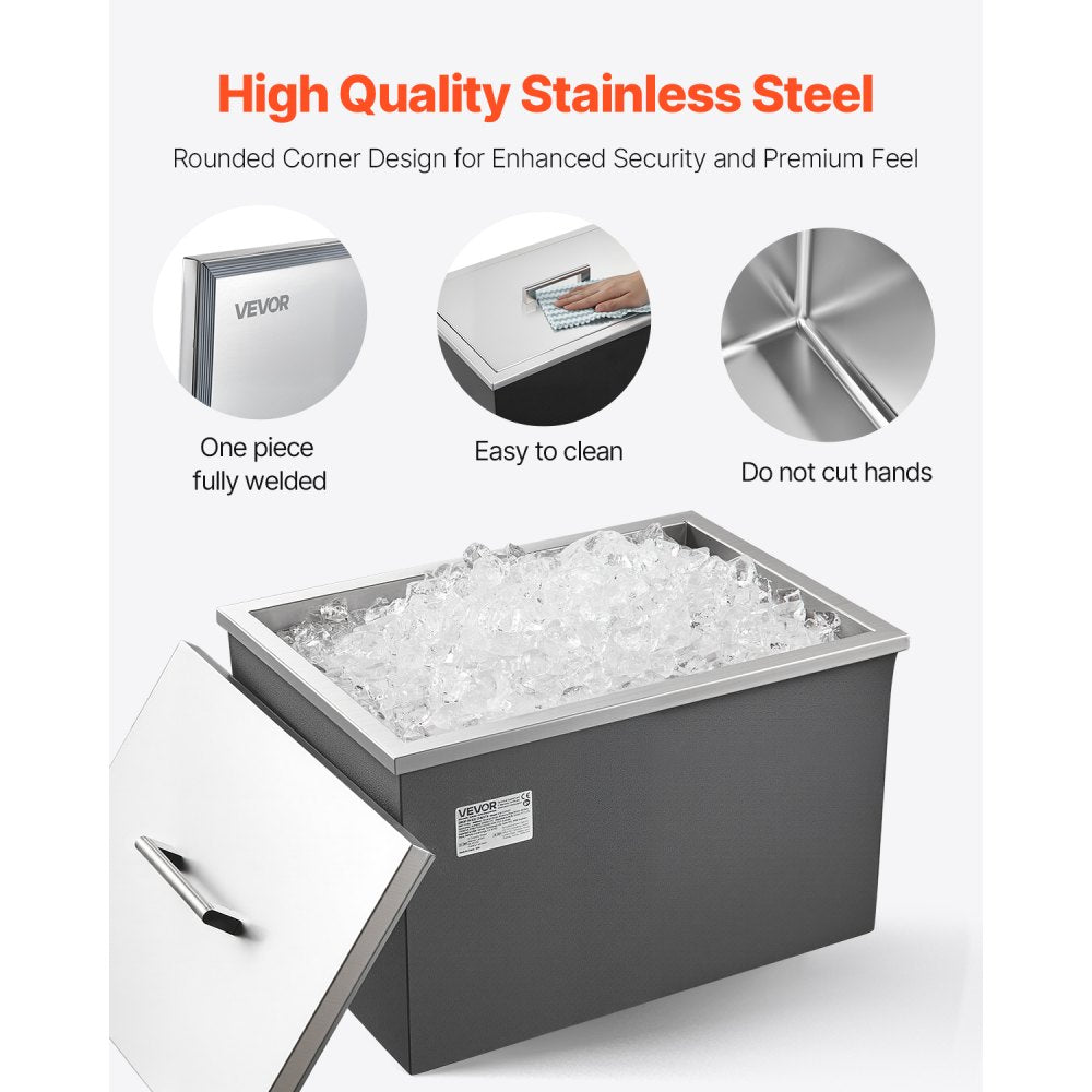 VEVOR Drop in Ice Chest, 20"L x 14"W x 12"H Stainless Steel Drop in Cooler, 31.7 Quart Commercial Ice Bin with Pot Lid for Outdoor Kitchen Patio Bar, Drain-pipe Set Included, for Cold Wine Beer