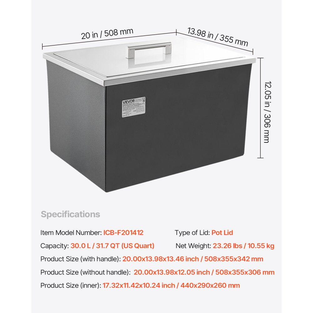 VEVOR Drop in Ice Chest, 20"L x 14"W x 12"H Stainless Steel Drop in Cooler, 31.7 Quart Commercial Ice Bin with Pot Lid for Outdoor Kitchen Patio Bar, Drain-pipe Set Included, for Cold Wine Beer
