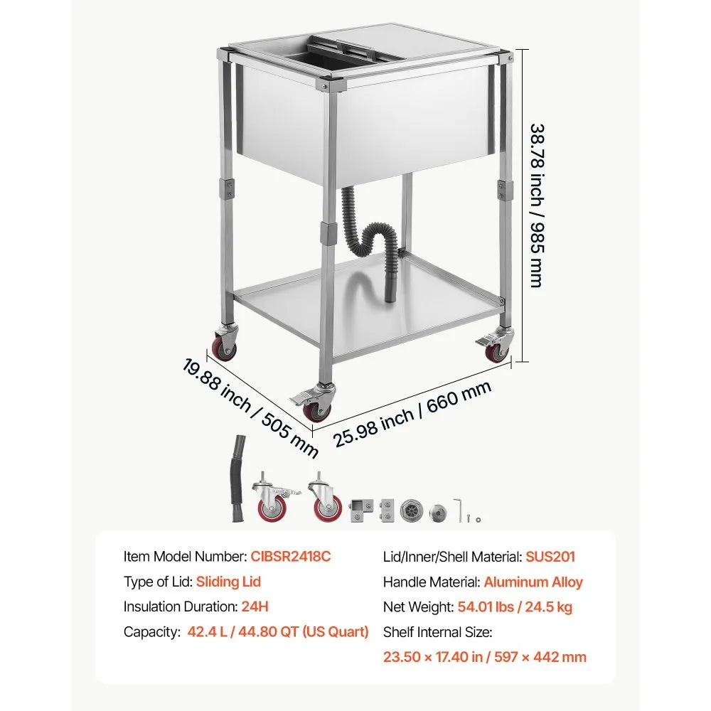 VEVOR Rolling Ice Chest Cooler Cart Stainless Steel Cooling Bin 44.8 Quart, Outdoor Stand Up Cooler Trolley with Wheels, Sliding Lid, Shelf, for Patio Backyard Party Bar Cold Drinks, 26x19.9x38.8 in