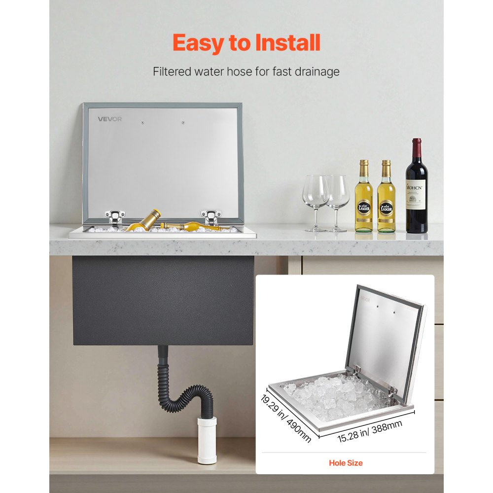 VEVOR Drop in Ice Chest, 20"L x 16"W x 13"H Stainless Steel Drop in Cooler, 44.7 Quart Commercial Ice Bin with Flip Lid for Outdoor Kitchen Patio Bar, Drain-pipe Set Included, for Cold Wine Beer