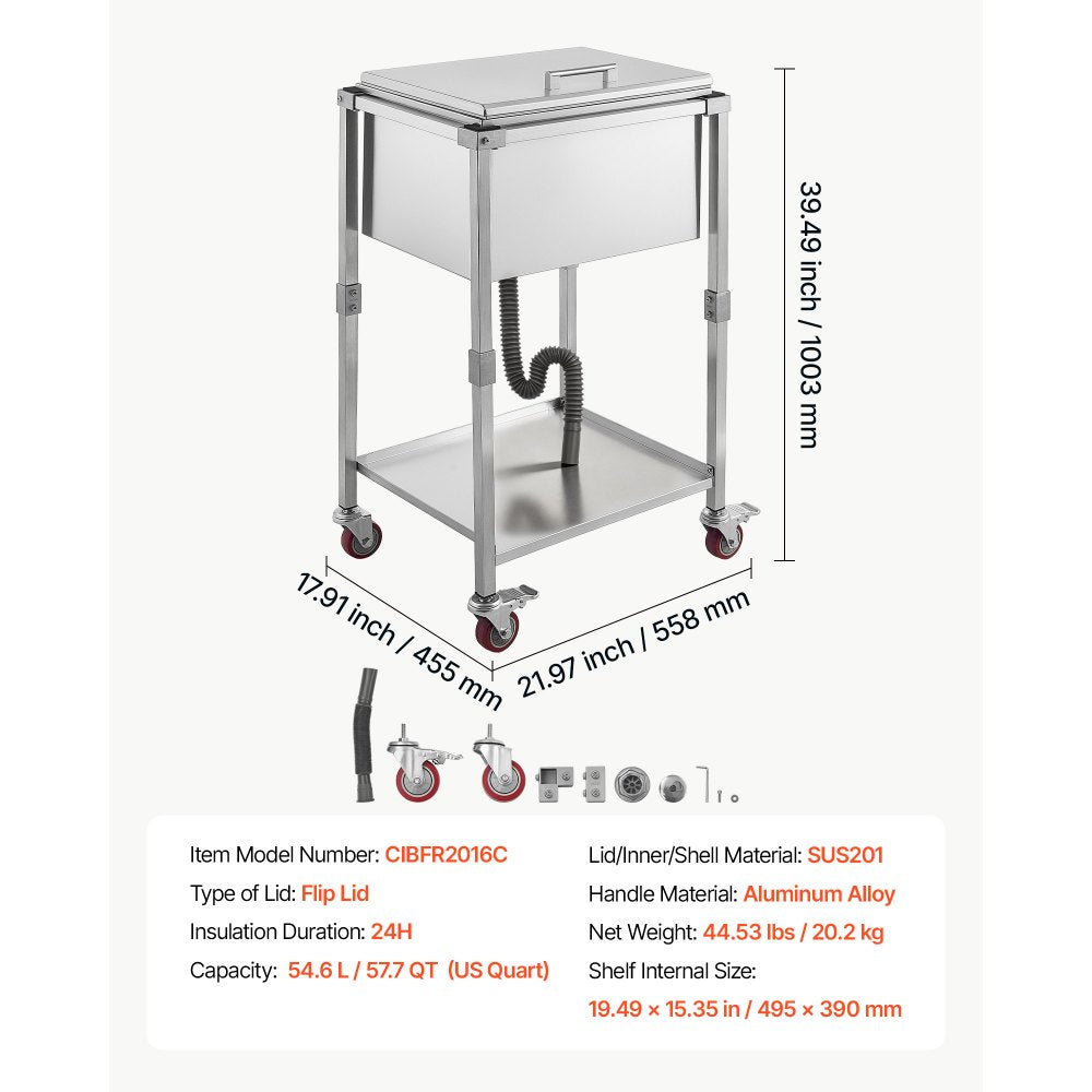 VEVOR Rolling Ice Chest Cooler Cart Stainless Steel Cooling Bin 57.7 Quart, Outdoor Stand Up Cooler Trolley with Wheels, Flip Lid, and Shelf, for Patio Backyard Party Bar Cold Drinks, 22x17.9x39.5 in