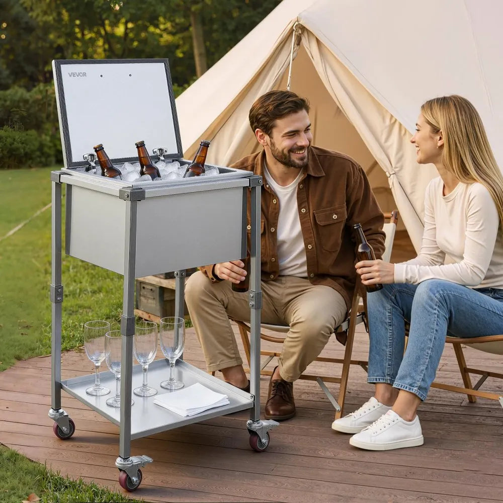 VEVOR Rolling Ice Chest Cooler Cart Stainless Steel Cooling Bin 57.7 Quart, Outdoor Stand Up Cooler Trolley with Wheels, Flip Lid, and Shelf, for Patio Backyard Party Bar Cold Drinks, 22x17.9x39.5 in