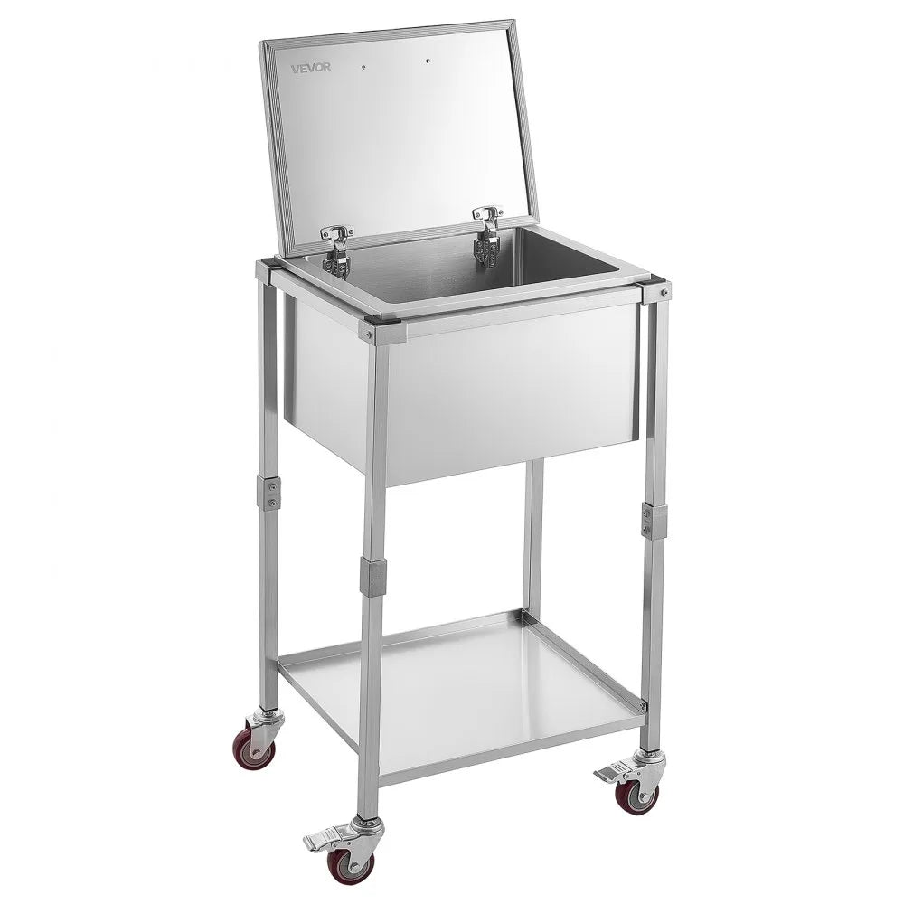 VEVOR Rolling Ice Chest Cooler Cart Stainless Steel Cooling Bin 57.7 Quart, Outdoor Stand Up Cooler Trolley with Wheels, Flip Lid, and Shelf, for Patio Backyard Party Bar Cold Drinks, 22x17.9x39.5 in