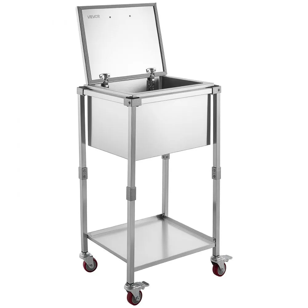 VEVOR Rolling Ice Chest Cooler Cart Stainless Steel Cooling Bin 57.7 Quart, Outdoor Stand Up Cooler Trolley with Wheels, Flip Lid, and Shelf, for Patio Backyard Party Bar Cold Drinks, 22x17.9x39.5 in