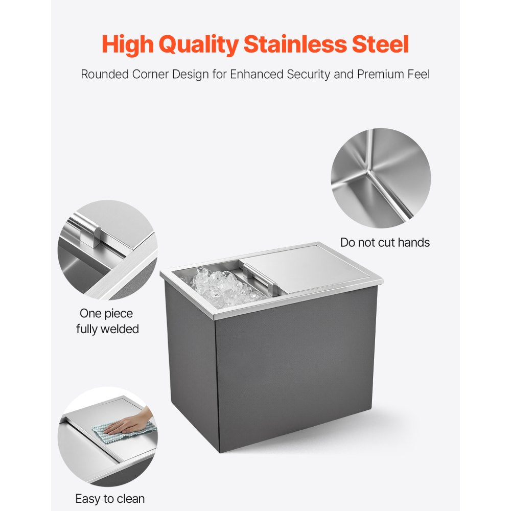 VEVOR Drop in Ice Chest, 18"L x 12"W x 15"H Stainless Steel Drop in Cooler, 28.6 Quart Commercial Ice Bin with Sliding Lid for Outdoor Kitchen Patio Bar, Drain-pipe Set Included, for Cold Wine Beer