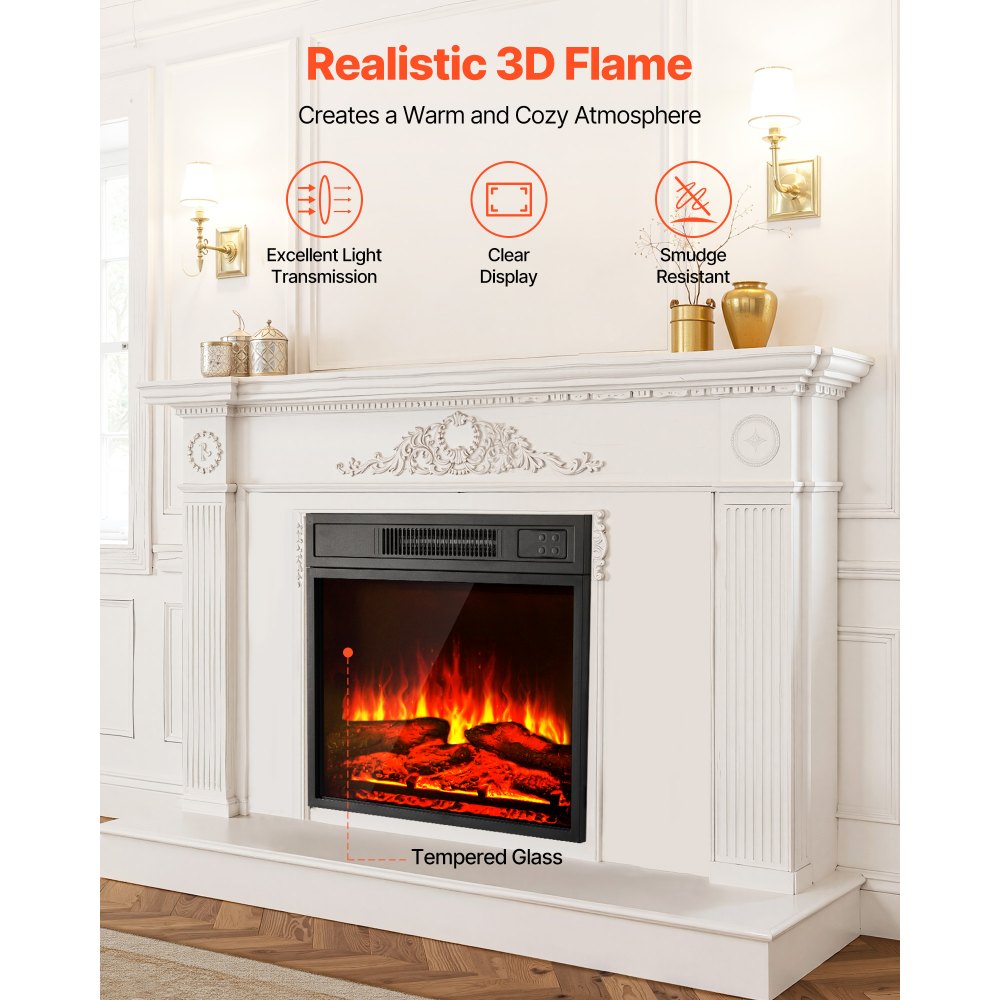 VEVOR Electric Fireplace Insert, 18 inch Recessed and Wall Mounted with Adjustable 3 Flame Brightness Levels & 24h Timer & Remote Control, Indoor Heater w/ Overheat Protection, 5000BTU Black