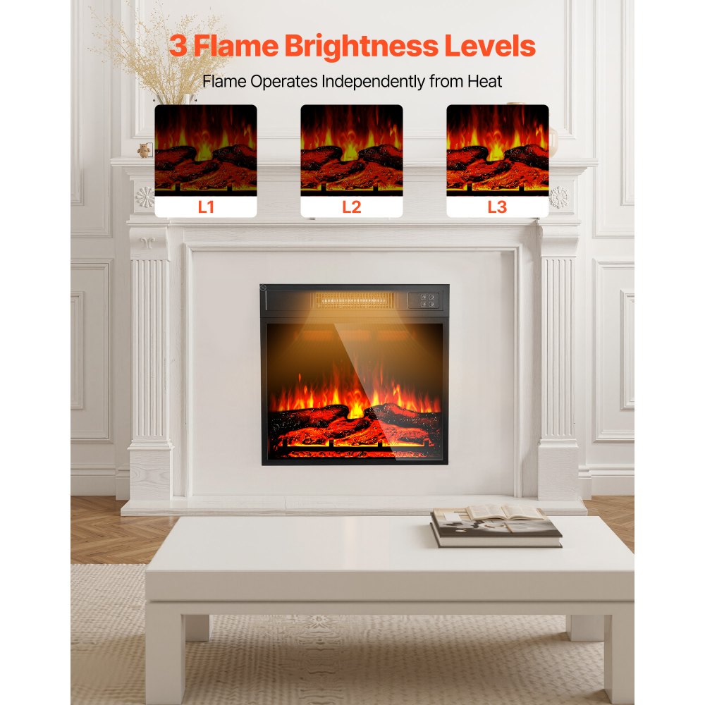 VEVOR Electric Fireplace Insert, 18 inch Recessed and Wall Mounted with Adjustable 3 Flame Brightness Levels & 24h Timer & Remote Control, Indoor Heater w/ Overheat Protection, 5000BTU Black