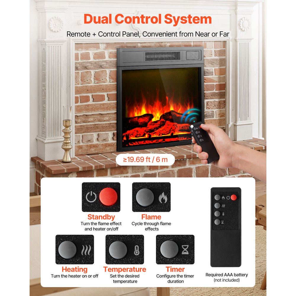 VEVOR Electric Fireplace Insert, 18 inch Recessed and Wall Mounted with Adjustable 3 Flame Brightness Levels & 24h Timer & Remote Control, Indoor Heater w/ Overheat Protection, 5000BTU Black