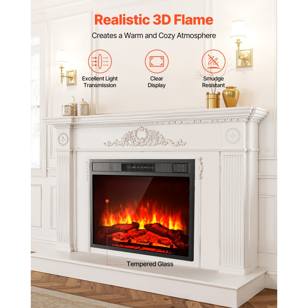 VEVOR Electric Fireplace Insert, 23 inch Recessed and Wall Mounted with Adjustable 3 Flame Brightness Levels & 24h Timer & Remote Control, Indoor Heater w/ Overheat Protection, 5000BTU Black
