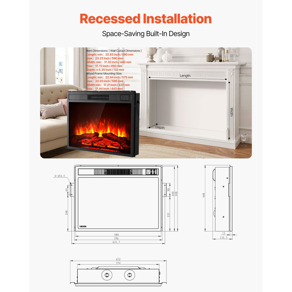 VEVOR Electric Fireplace Insert, 23 inch Recessed and Wall Mounted with Adjustable 3 Flame Brightness Levels & 24h Timer & Remote Control, Indoor Heater w/ Overheat Protection, 5000BTU Black