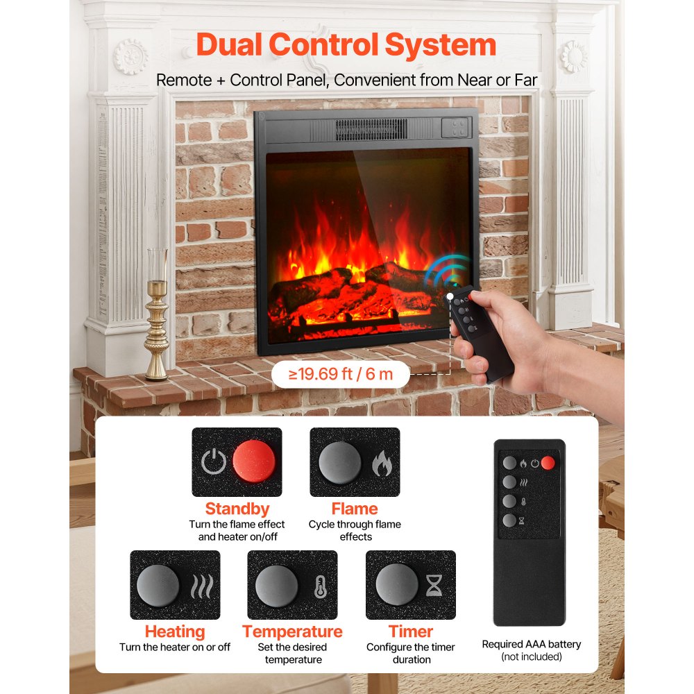 VEVOR Electric Fireplace Insert, 23 inch Recessed and Wall Mounted with Adjustable 3 Flame Brightness Levels & 24h Timer & Remote Control, Indoor Heater w/ Overheat Protection, 5000BTU Black