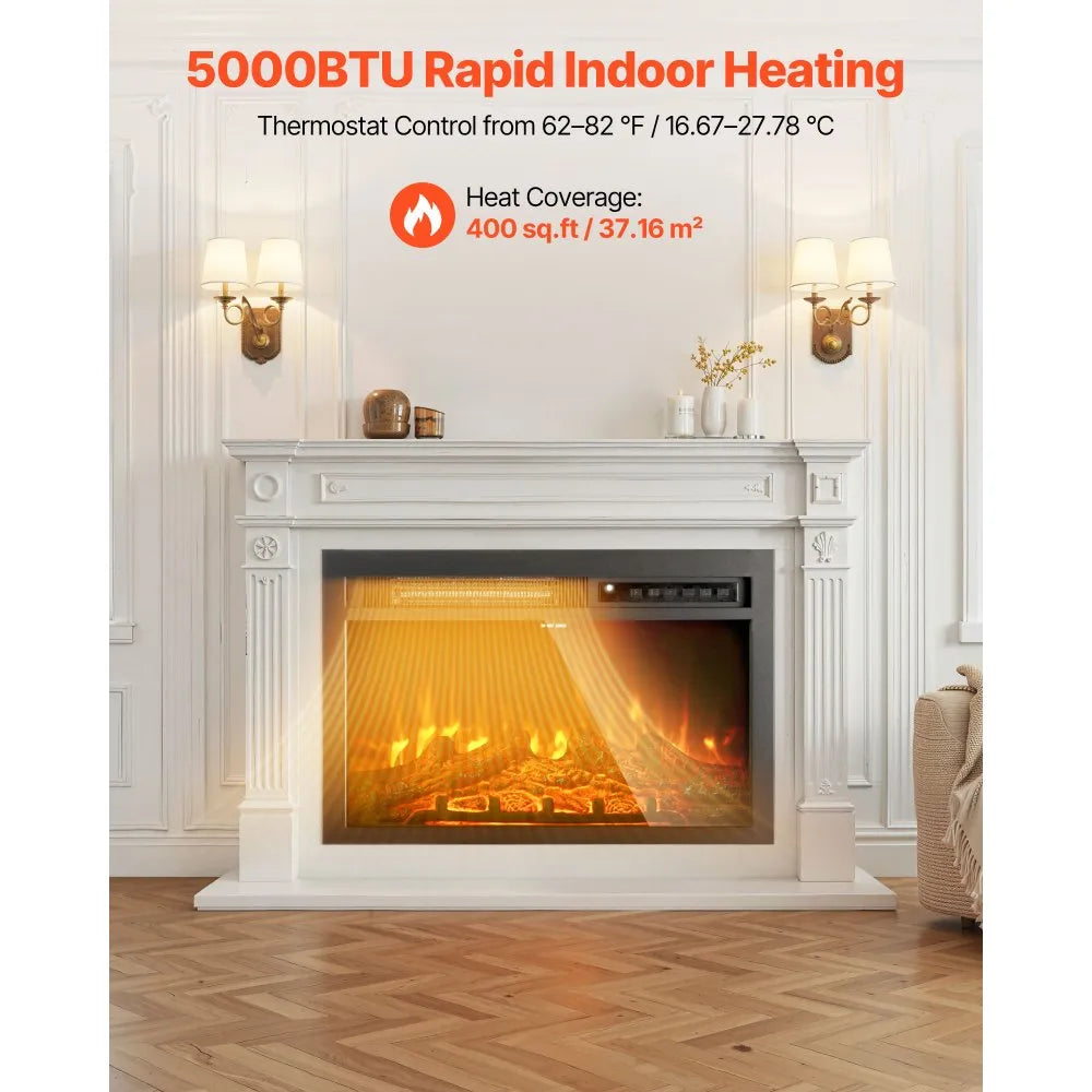 VEVOR Electric Fireplace Insert, 26 inch Recessed and Wall Mounted with Adjustable Flame Color Brightness & 8h Timer & Remote Control, Indoor Heater w/ 750W/1500W Dual Heating Modes, 5000BTU Black