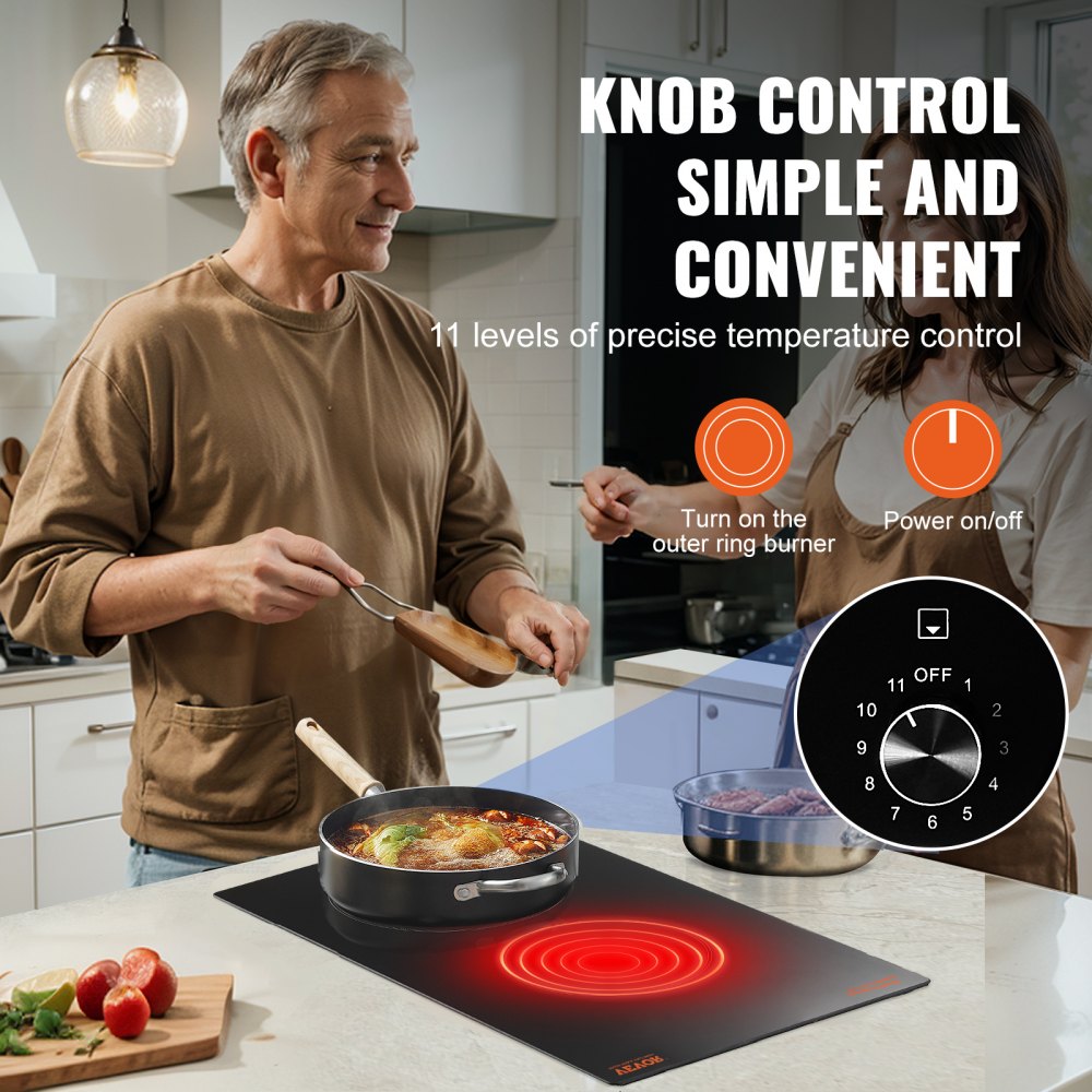 VEVOR Electric Cooktop, 12 inch 2 Burners Built-in Electric Stove Top, 3000W Ceramic Top Radiant Cooktop, with Glass Panel, Knob Control, 11 Heat Levels, 220-240V, Hard Wire (No Plug)