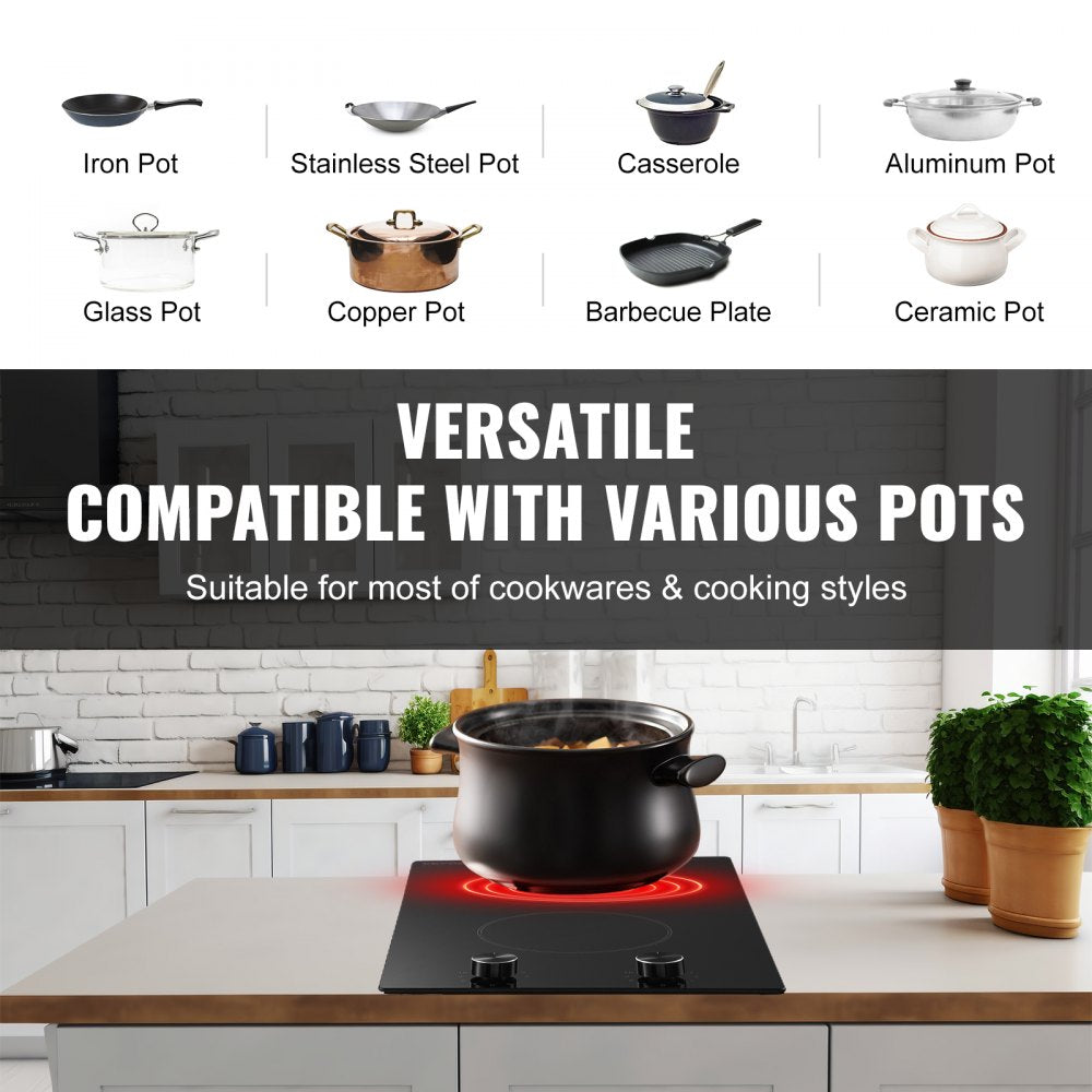 VEVOR Electric Cooktop, 12 inch 2 Burners Built-in Electric Stove Top, 3000W Ceramic Top Radiant Cooktop, with Glass Panel, Knob Control, 11 Heat Levels, 220-240V, Hard Wire (No Plug)