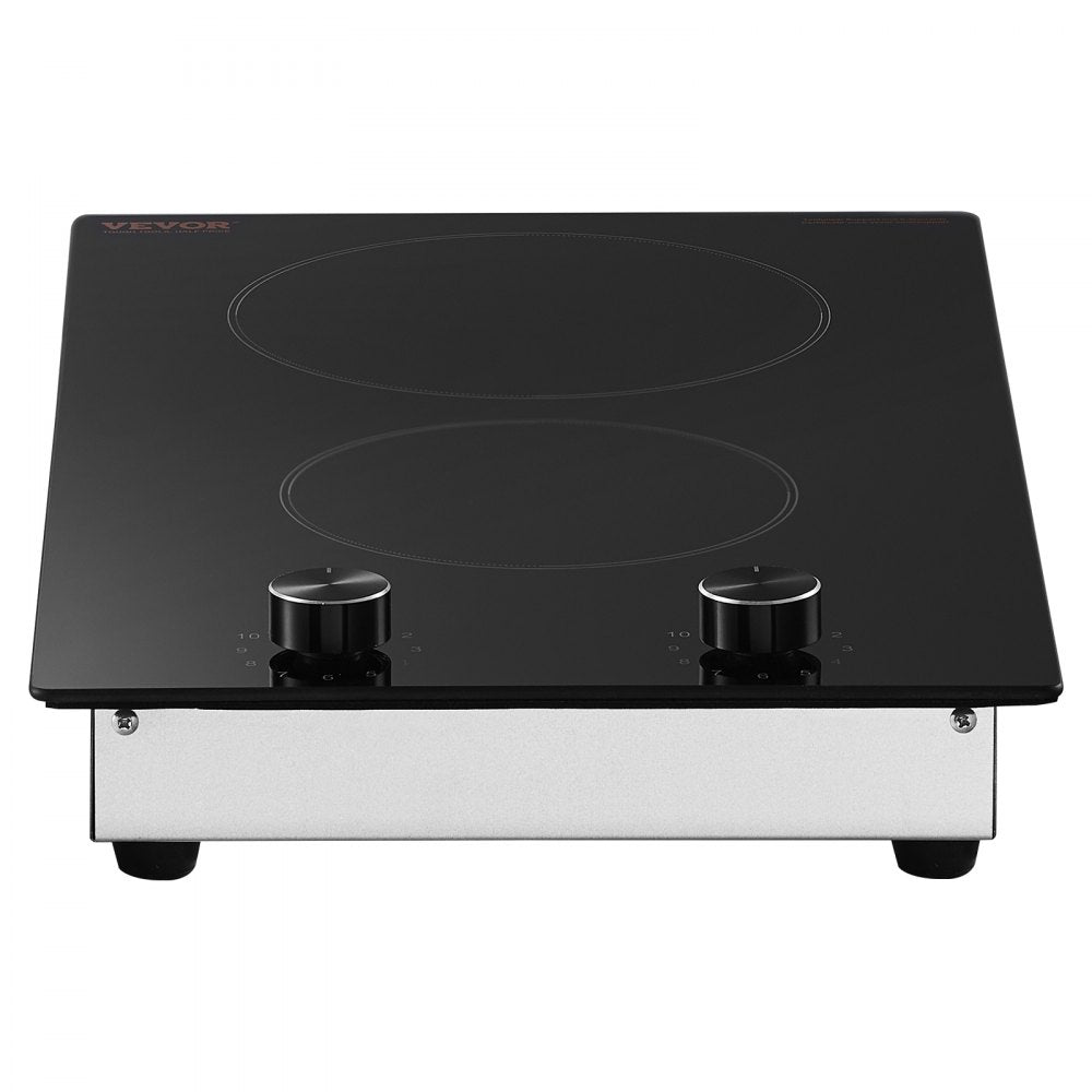 VEVOR Electric Cooktop, 12 inch 2 Burners Built-in Electric Stove Top, 3000W Ceramic Top Radiant Cooktop, with Glass Panel, Knob Control, 11 Heat Levels, 220-240V, Hard Wire (No Plug)