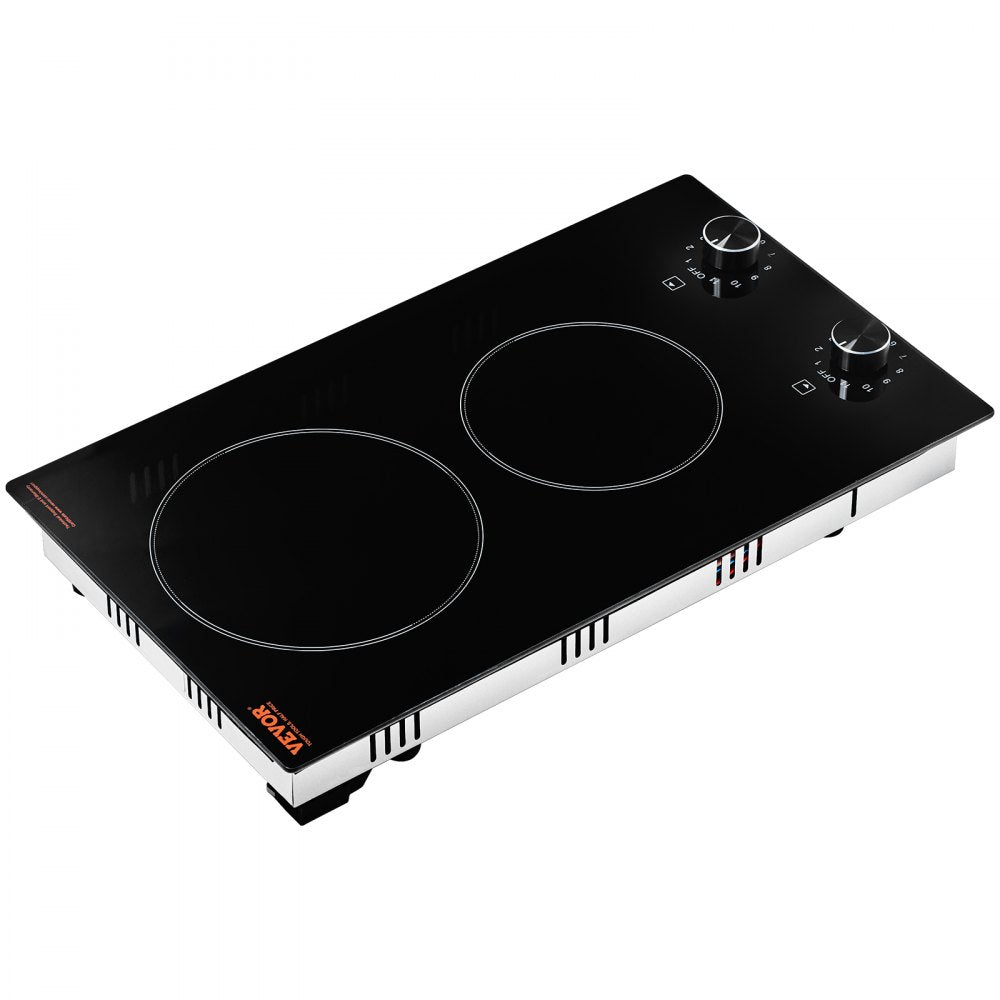 VEVOR Electric Cooktop, 12 inch 2 Burners Built-in Electric Stove Top, 3000W Ceramic Top Radiant Cooktop, with Glass Panel, Knob Control, 11 Heat Levels, 220-240V, Hard Wire (No Plug)