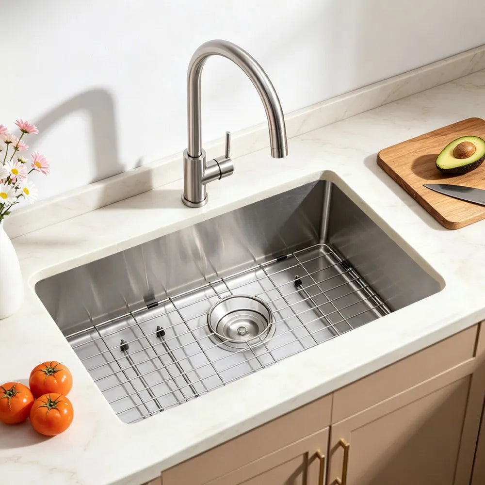 VEVOR 33-inch Kitchen Undermount Single Bowl Sinks, Stainless Steel Drop-In Farmhouse Basin with Ledge & Accessories, Household Dishwasher Sinks for RV, Prep Kitchen, Laundry Room, Bar