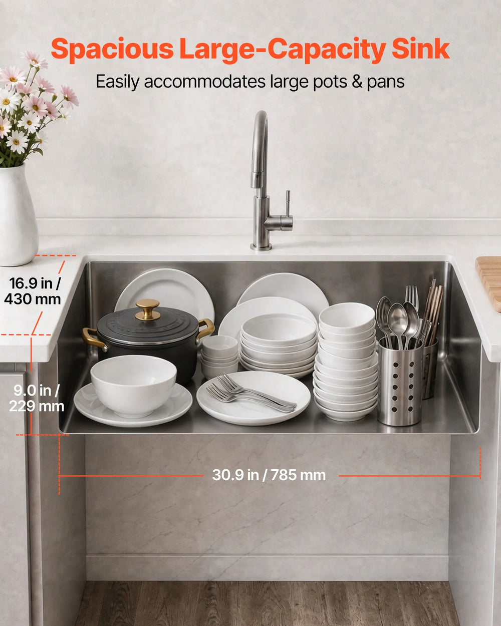 VEVOR 33-inch Kitchen Undermount Single Bowl Sinks, Stainless Steel Drop-In Farmhouse Basin with Ledge & Accessories, Household Dishwasher Sinks for RV, Prep Kitchen, Laundry Room, Bar