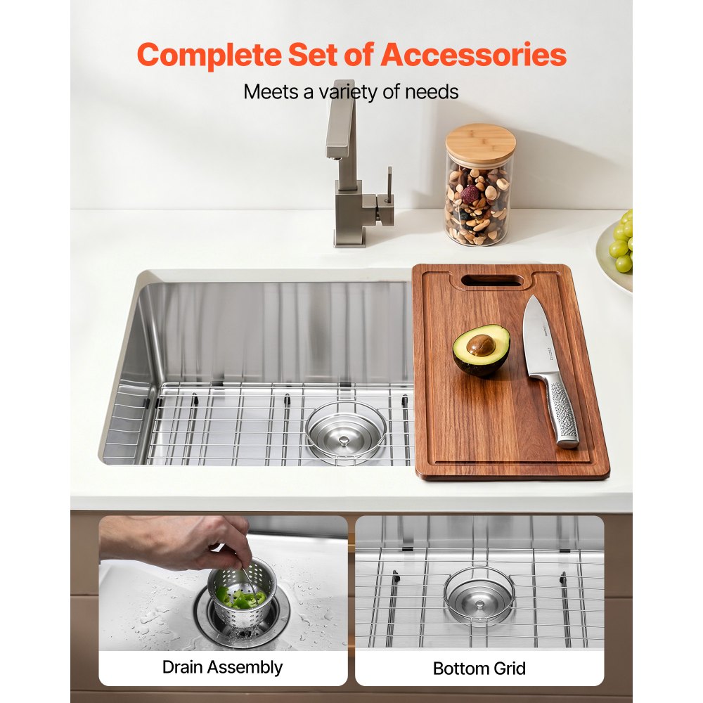 VEVOR 27-inch Kitchen Undermount Single Bowl Sinks, Stainless Steel Drop-In Farmhouse Basin with Accessories, Household Dishwasher Sinks for RV, Prep Kitchen, Laundry Room, Bar