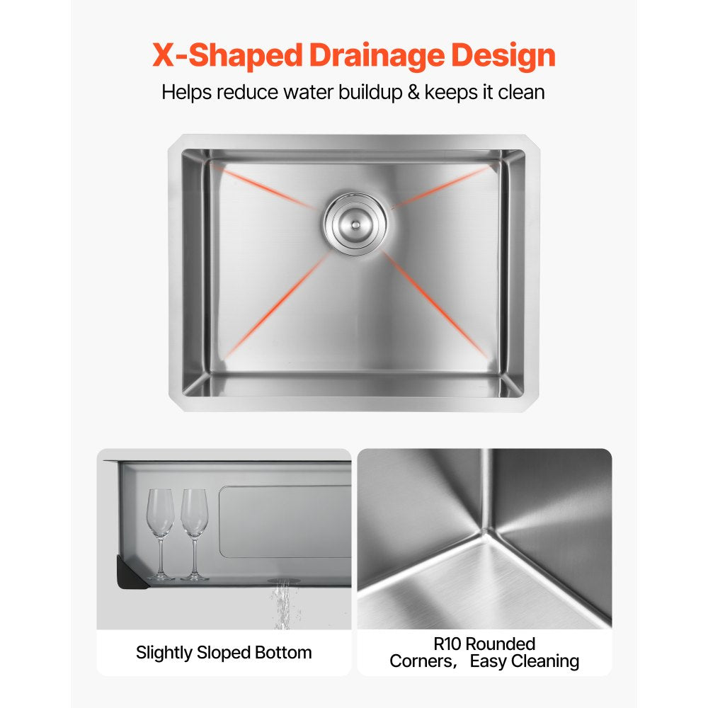 VEVOR 24-inch Kitchen Undermount Single Bowl Sinks, Stainless Steel Drop-In Farmhouse Basin with Accessories, Household Dishwasher Sinks for RV, Prep Kitchen, Laundry Room, Bar