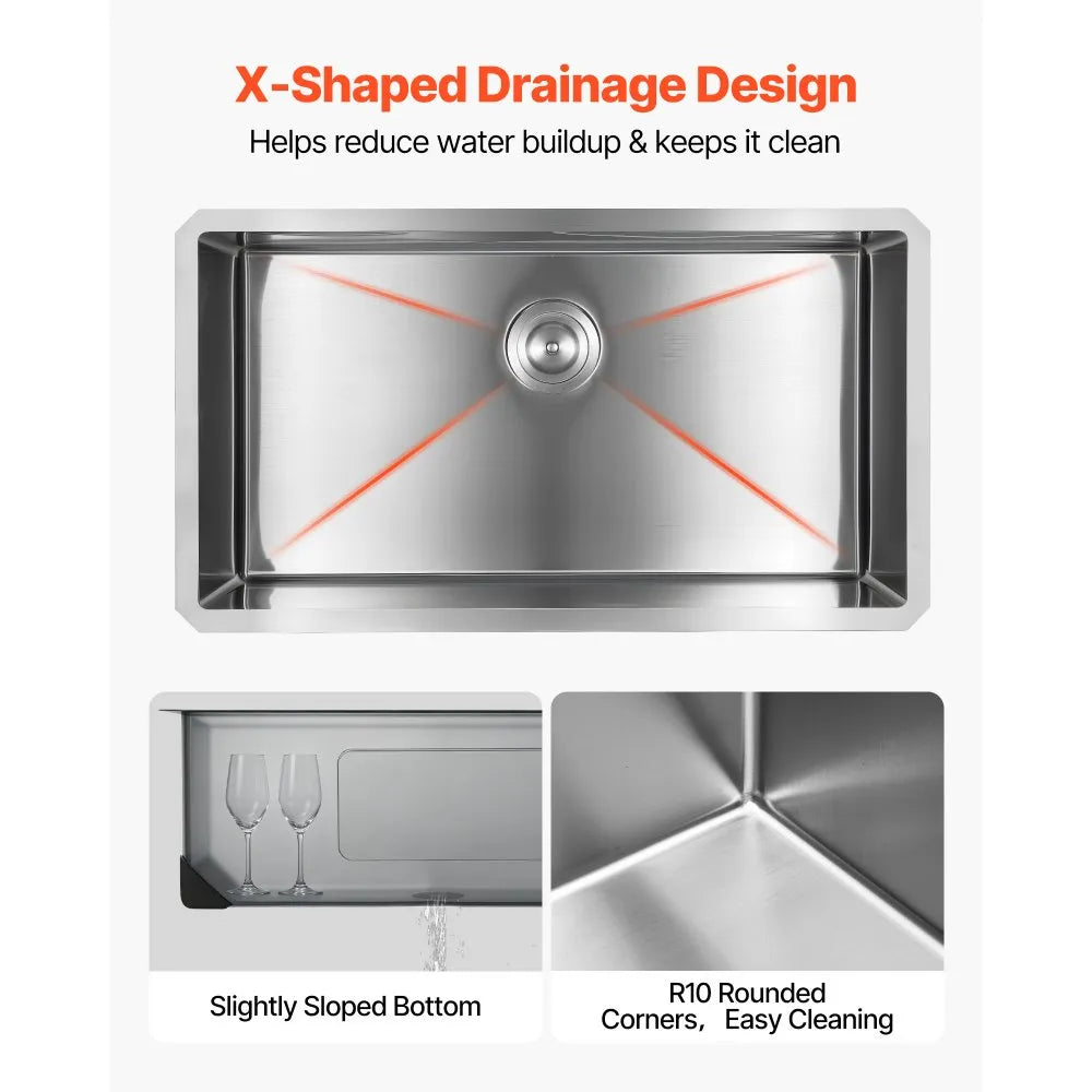 VEVOR 32-inch Kitchen Undermount Single Bowl Sinks, Stainless Steel Drop-In Farmhouse Basin with Accessories, Household Dishwasher Sinks for RV, Prep Kitchen, Laundry Room, Bar
